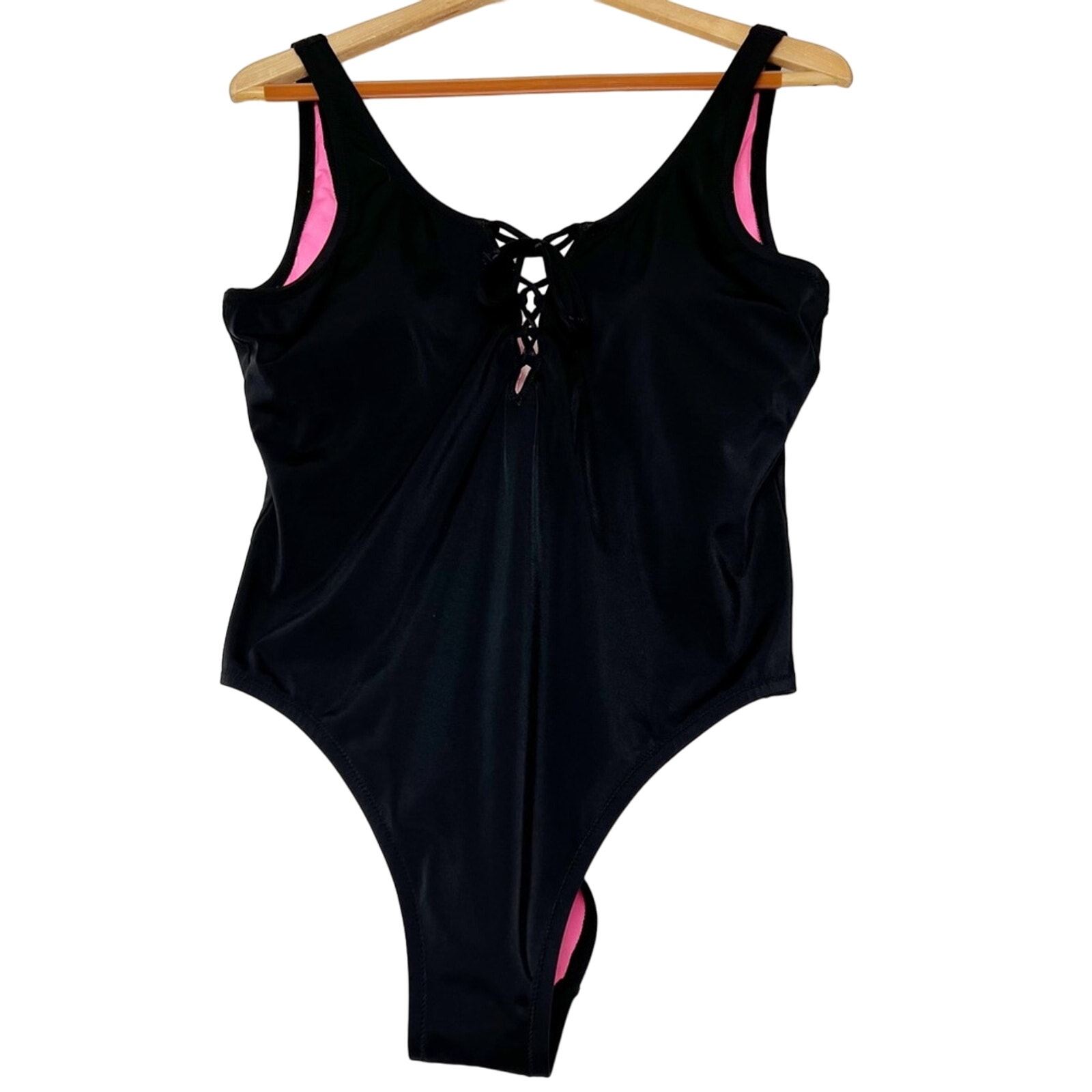 Vs Pink Black Lace Front High Leg One Piece Bathing Suit Women’s Size Large
